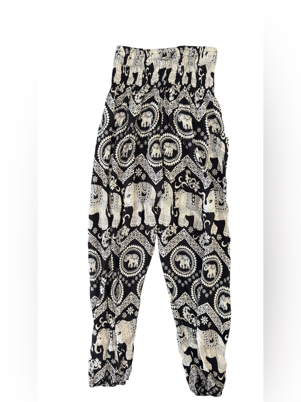 Boho Elephant Print Harem Pants L XL Black White Smocked Pocket Festival Yoga
